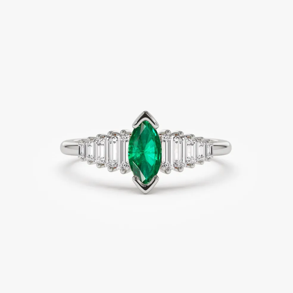 14k Gold Marquise Shape Emerald Ring with Baguette Accents