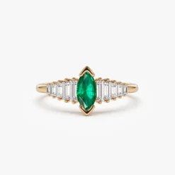 14k Gold Marquise Shape Emerald Ring with Baguette Accents
