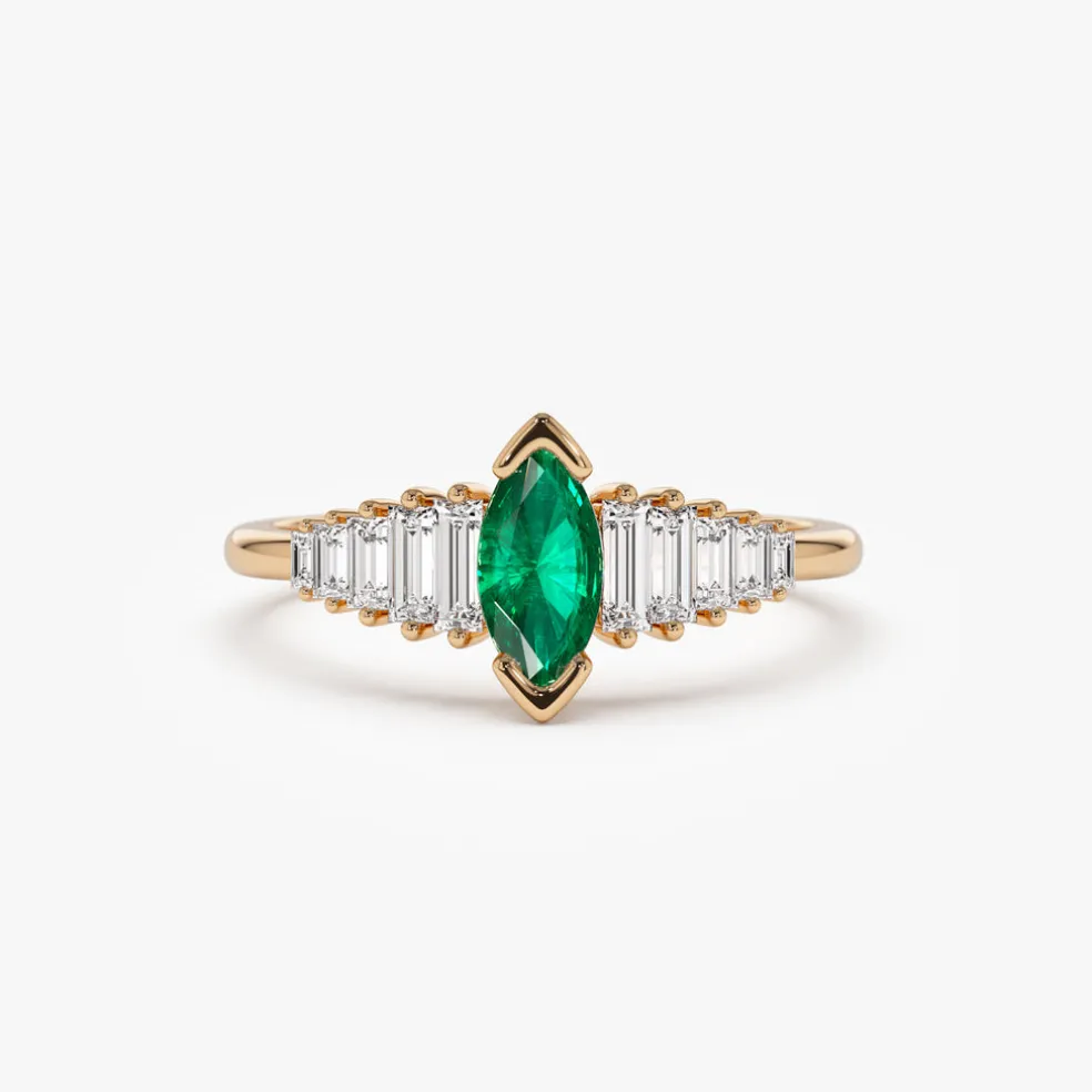 14k Gold Marquise Shape Emerald Ring with Baguette Accents
