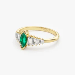14k Gold Marquise Shape Emerald Ring with Baguette Accents