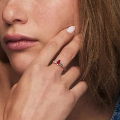 14k Gold Marquise Shape Ruby Ring with Baguette Accents