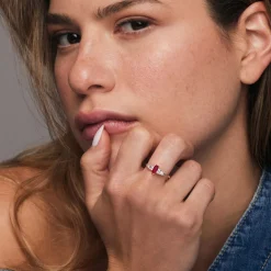 14k Gold Marquise Shape Ruby Ring with Baguette Accents