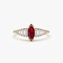 14k Gold Marquise Shape Ruby Ring with Baguette Accents