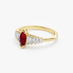 14k Gold Marquise Shape Ruby Ring with Baguette Accents
