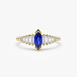 14k Gold Marquise Shape Sapphire Ring with Baguette Accents
