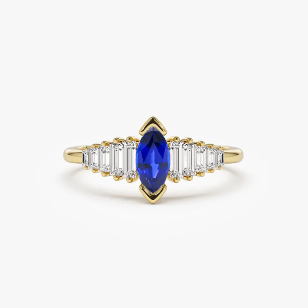 14k Gold Marquise Shape Sapphire Ring with Baguette Accents