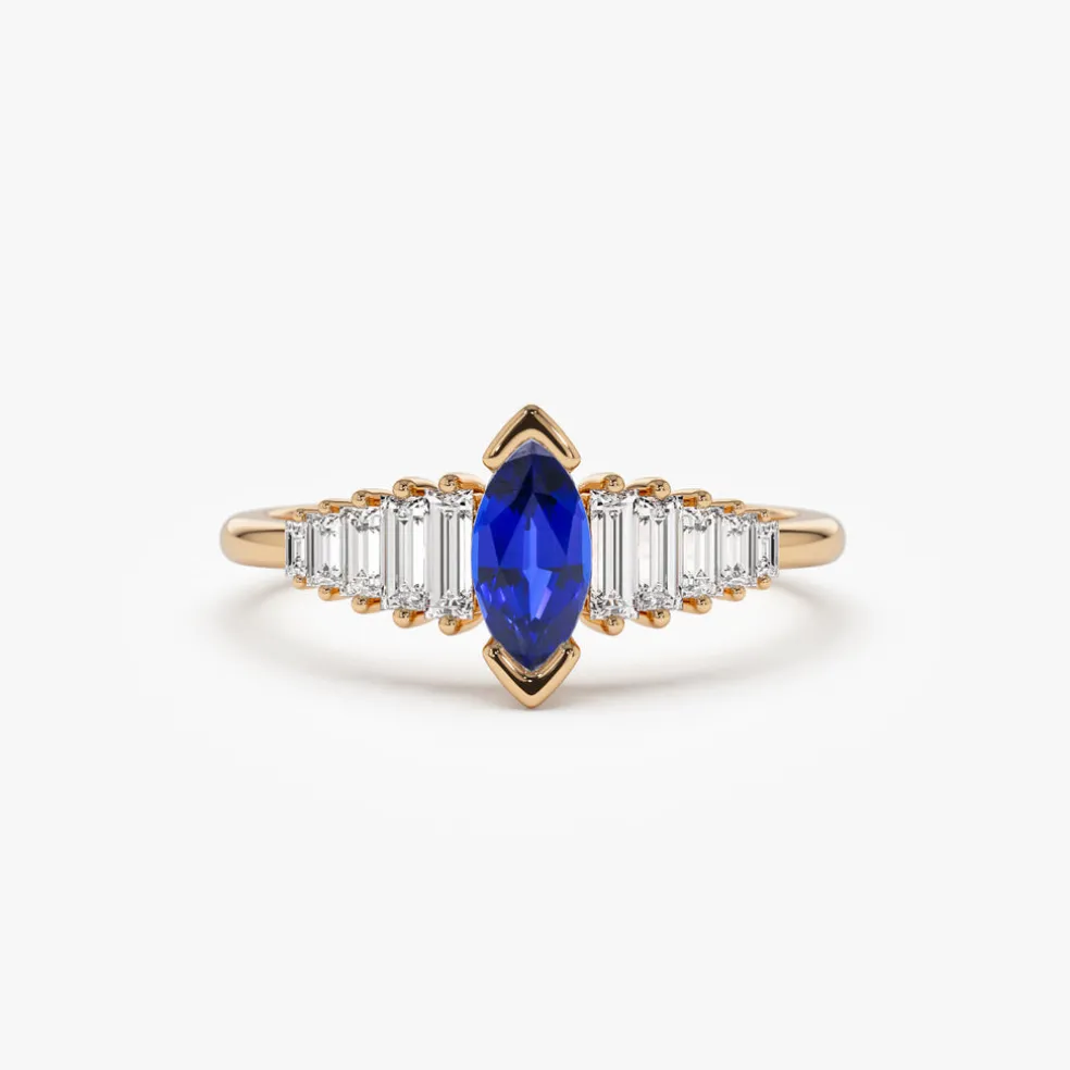 14k Gold Marquise Shape Sapphire Ring with Baguette Accents