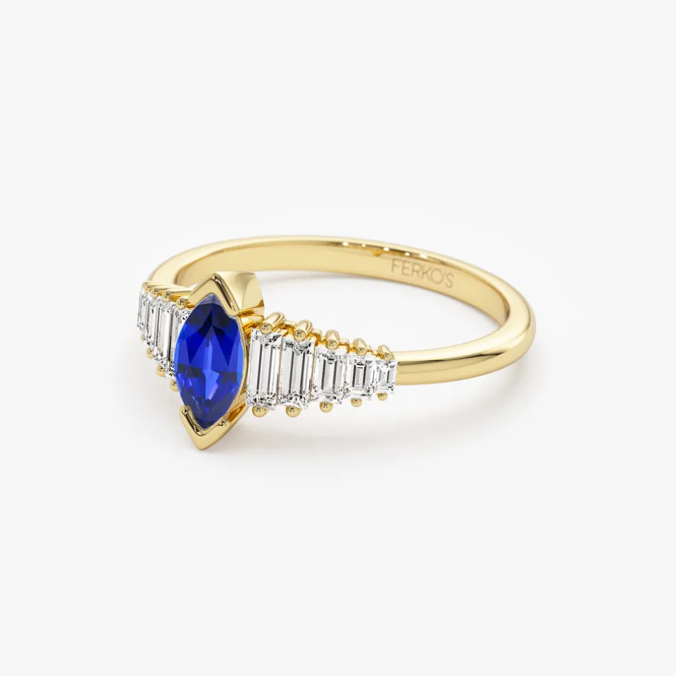 14k Gold Marquise Shape Sapphire Ring with Baguette Accents