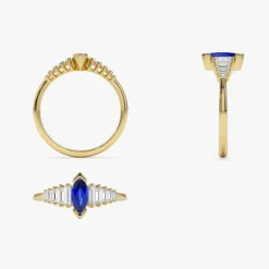 14k Gold Marquise Shape Sapphire Ring with Baguette Accents