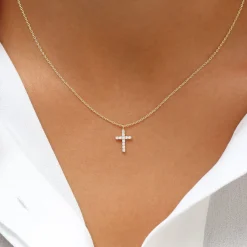 14K Gold Micro Pave Diamond Cross Necklace