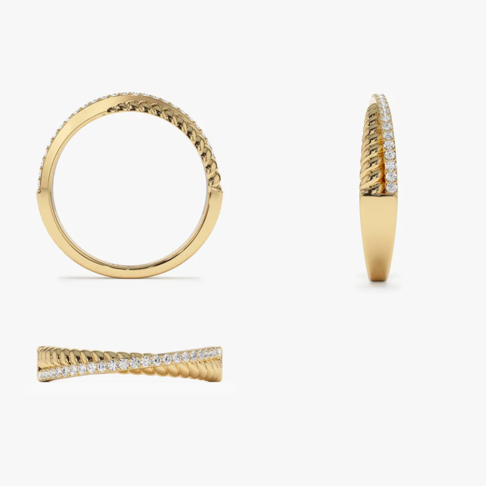 14k Gold Micro Pave Diamond Twisted Rope Criss Cross Ring