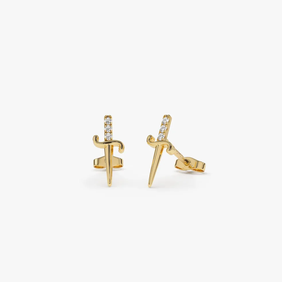 14k Gold Mini Sword Diamond Earrings