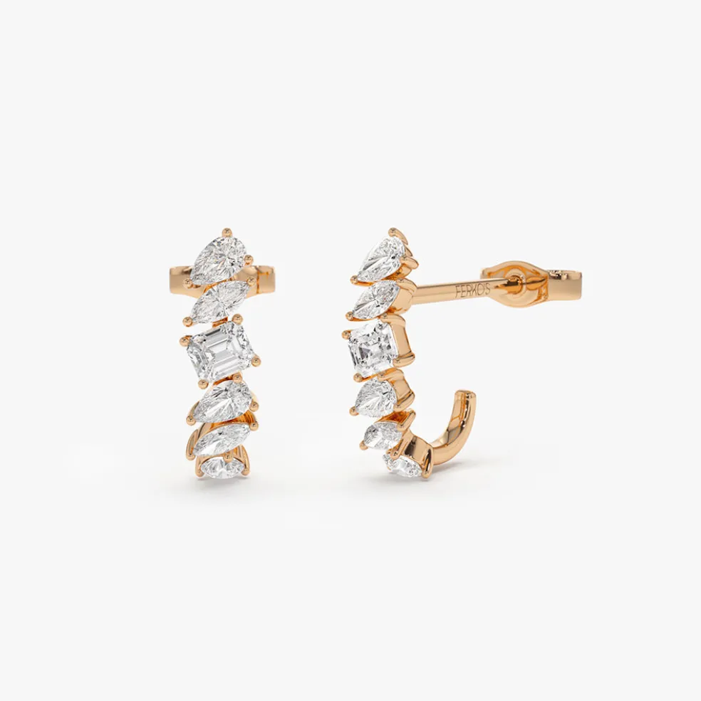 14k Gold Mixed Diamond Shapes Statement Stud Earrings