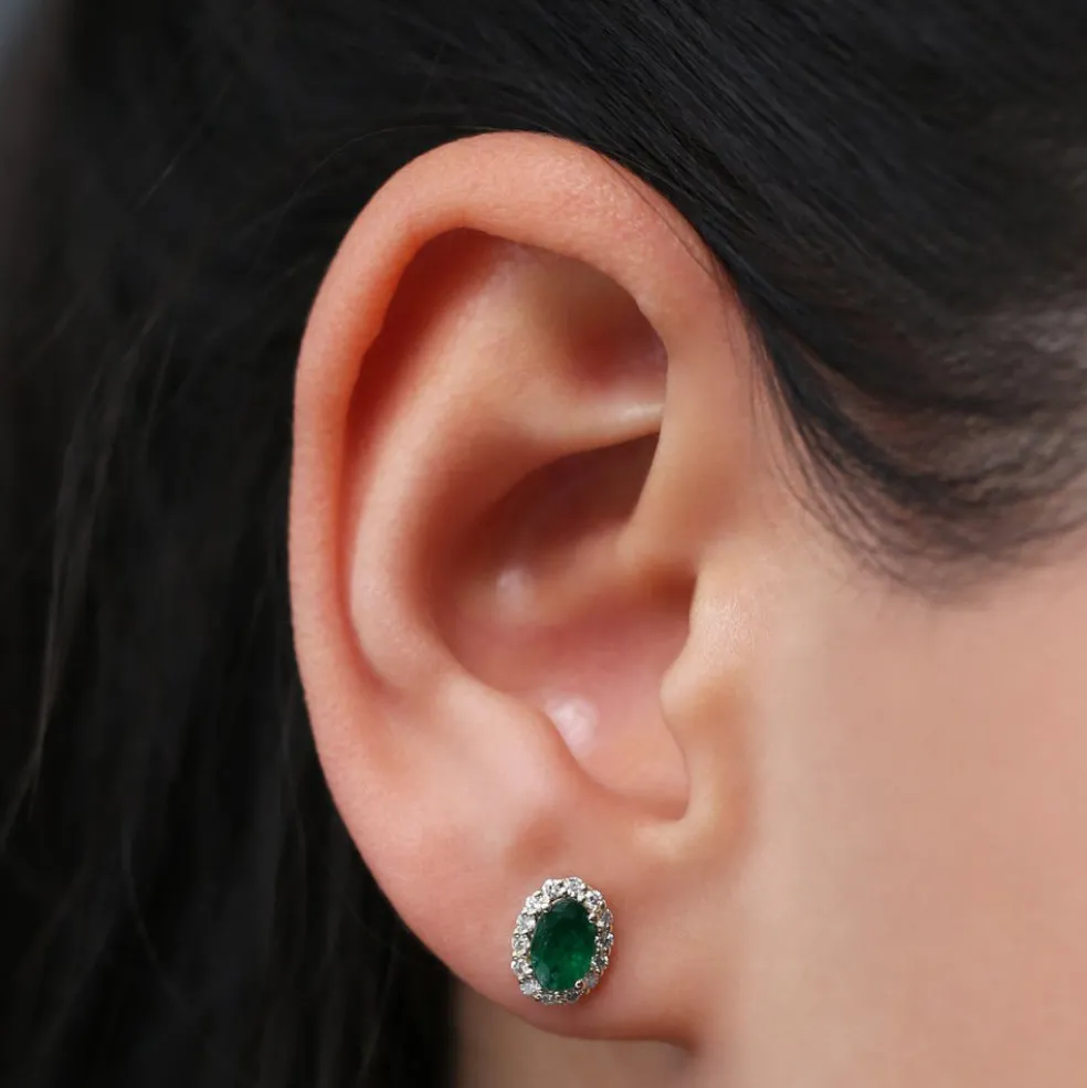 14k Gold Oval Cut Emerald Diamond Earrings