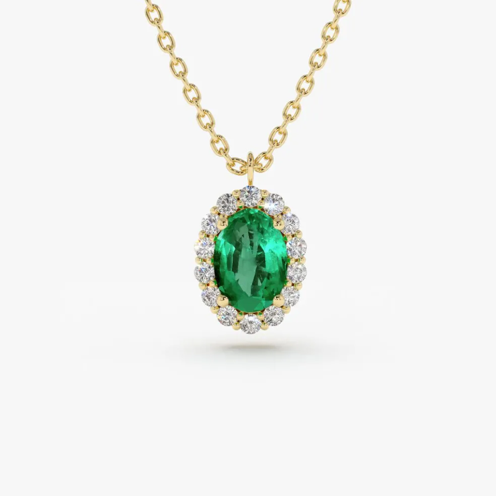 14K Gold Oval Cut Emerald Halo Diamond Necklace