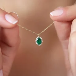 14K Gold Oval Cut Emerald Halo Diamond Necklace