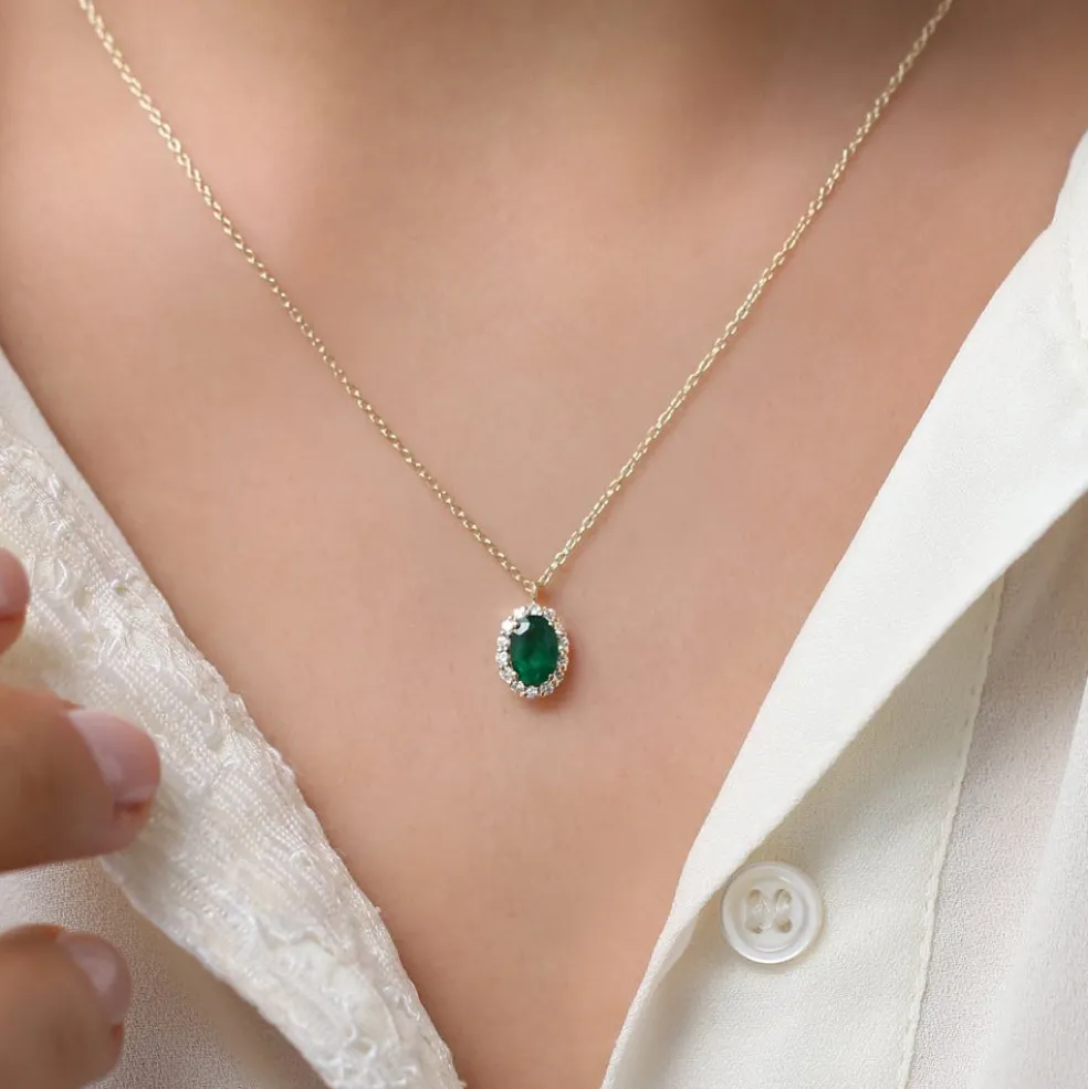 14K Gold Oval Cut Emerald Halo Diamond Necklace