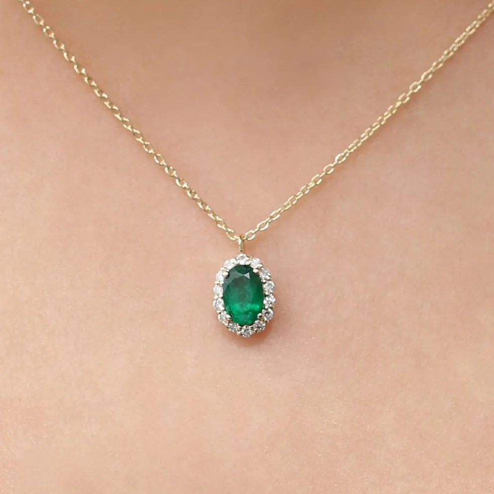 14K Gold Oval Cut Emerald Halo Diamond Necklace