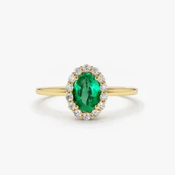 14K Gold Oval Cut Emerald Halo Diamond Ring