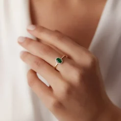 14K Gold Oval Cut Emerald Halo Diamond Ring