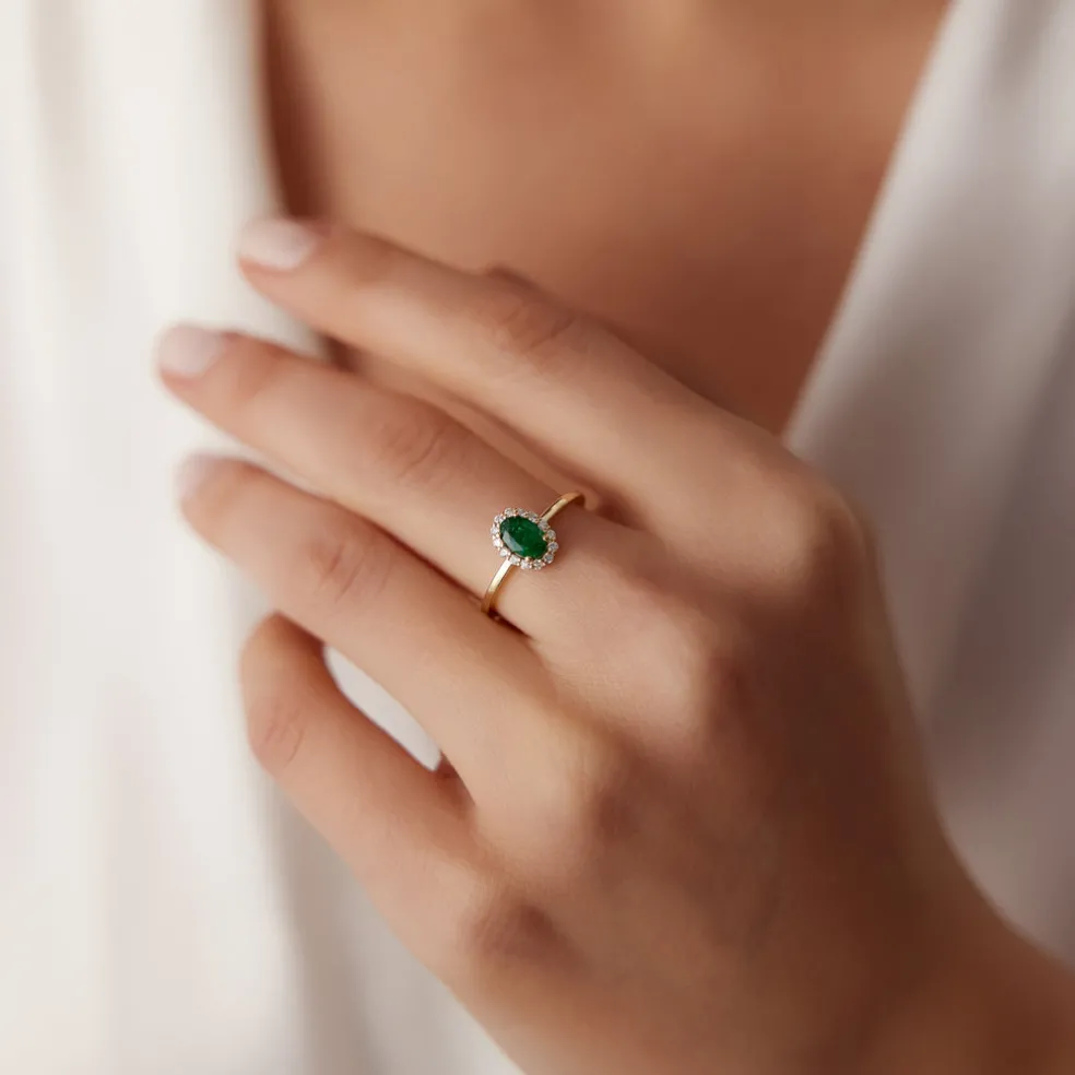14K Gold Oval Cut Emerald Halo Diamond Ring