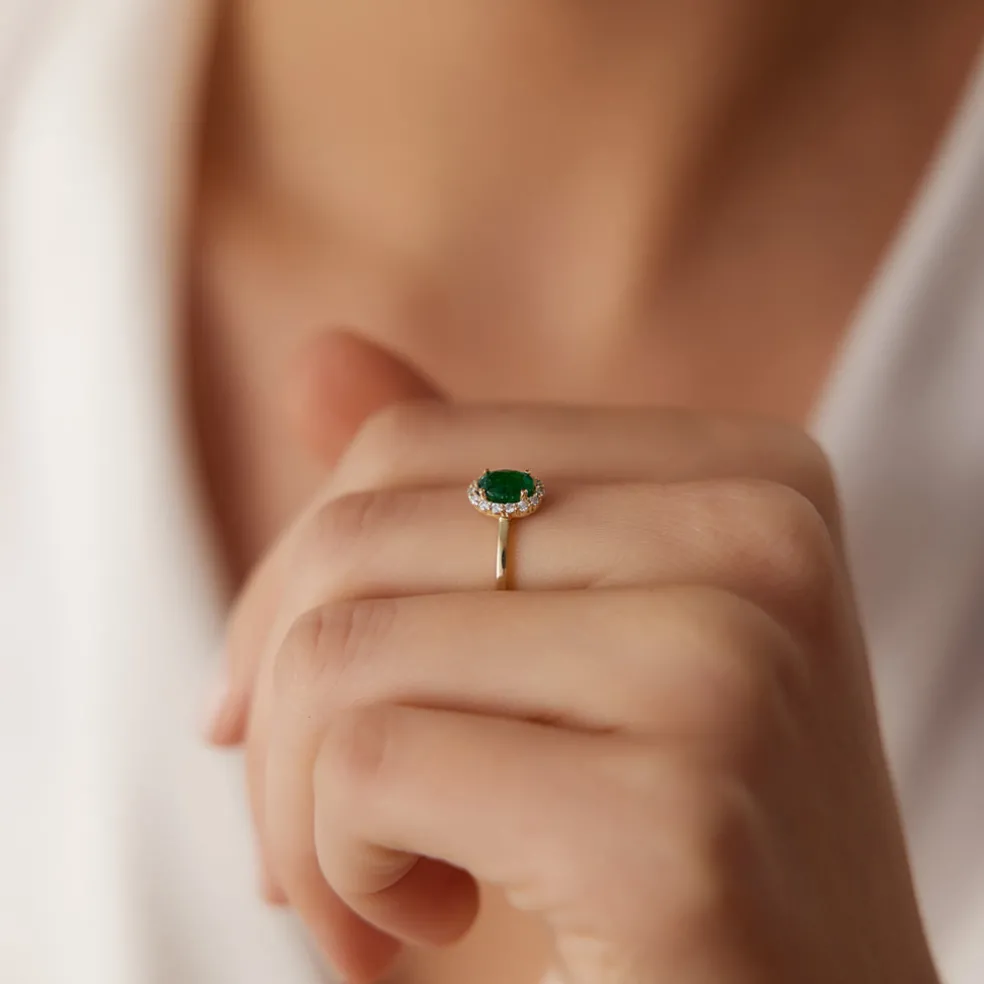 14K Gold Oval Cut Emerald Halo Diamond Ring