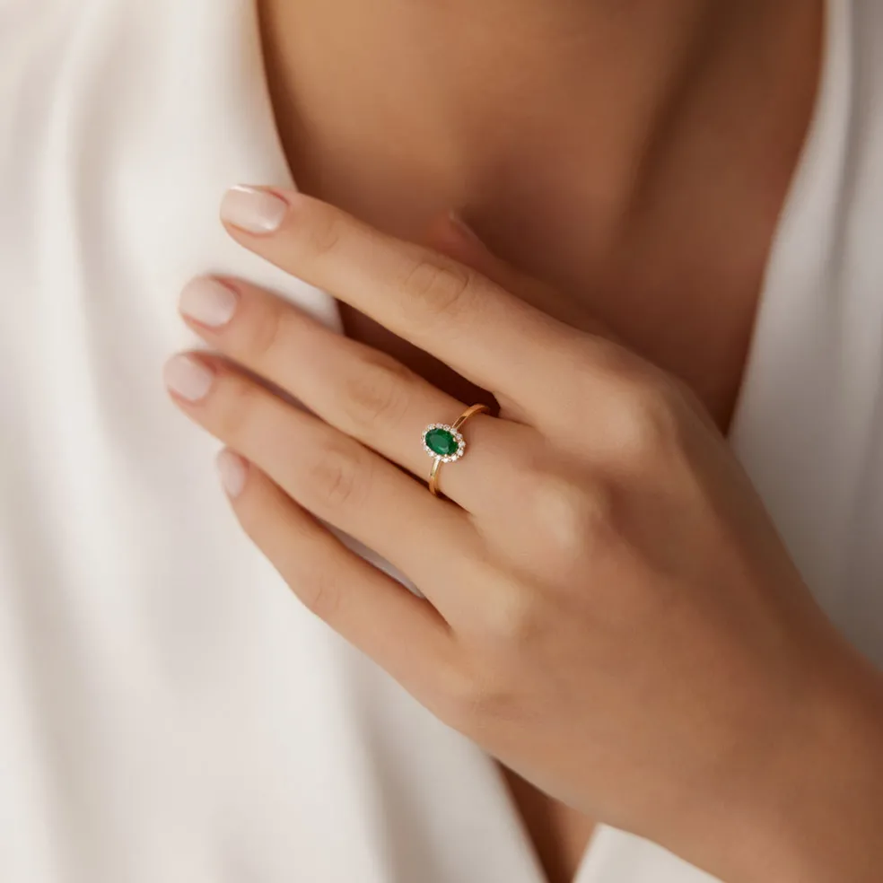 14K Gold Oval Cut Emerald Halo Diamond Ring