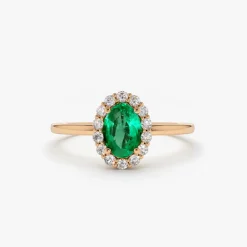 14K Gold Oval Cut Emerald Halo Diamond Ring