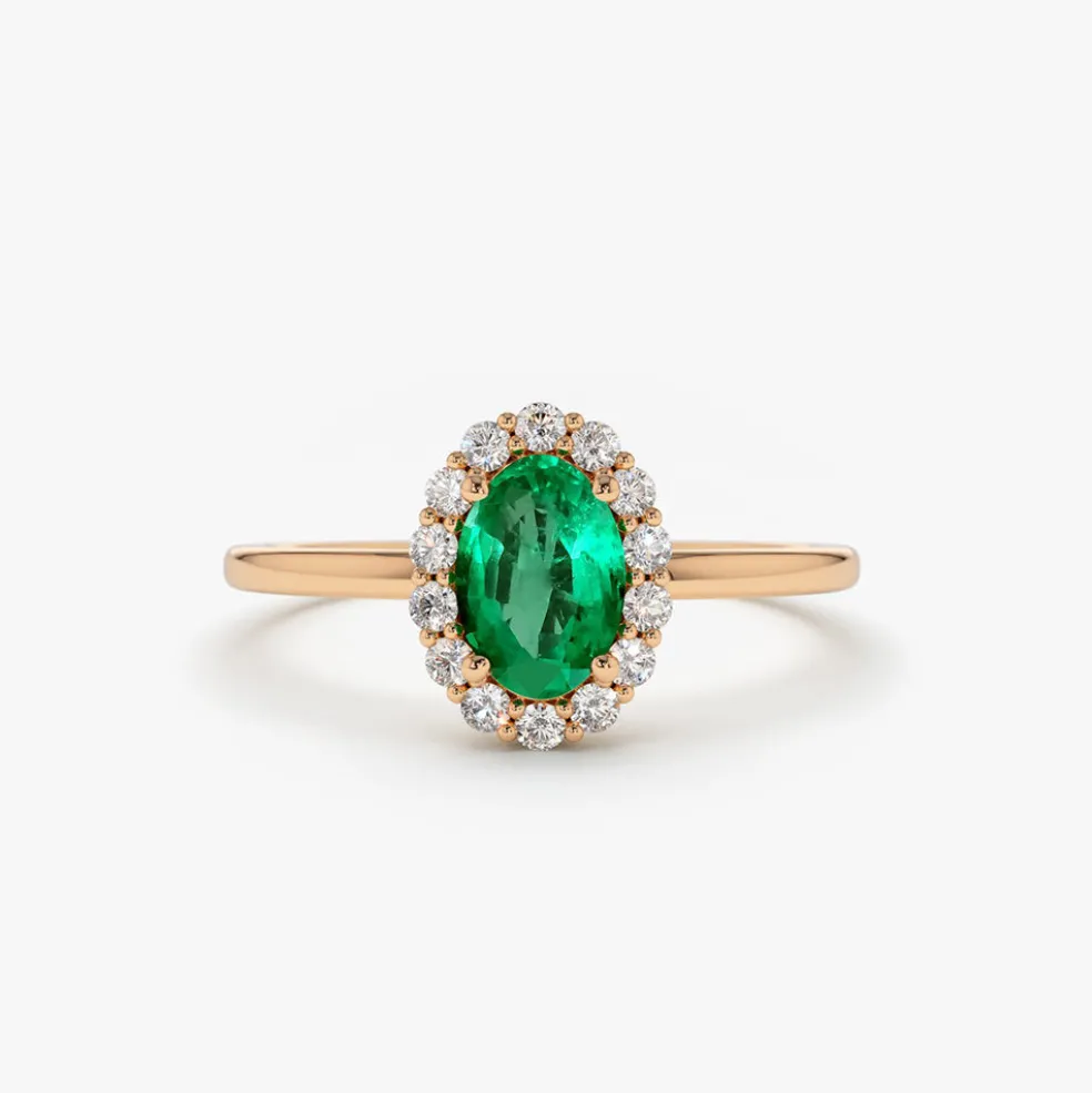 14K Gold Oval Cut Emerald Halo Diamond Ring