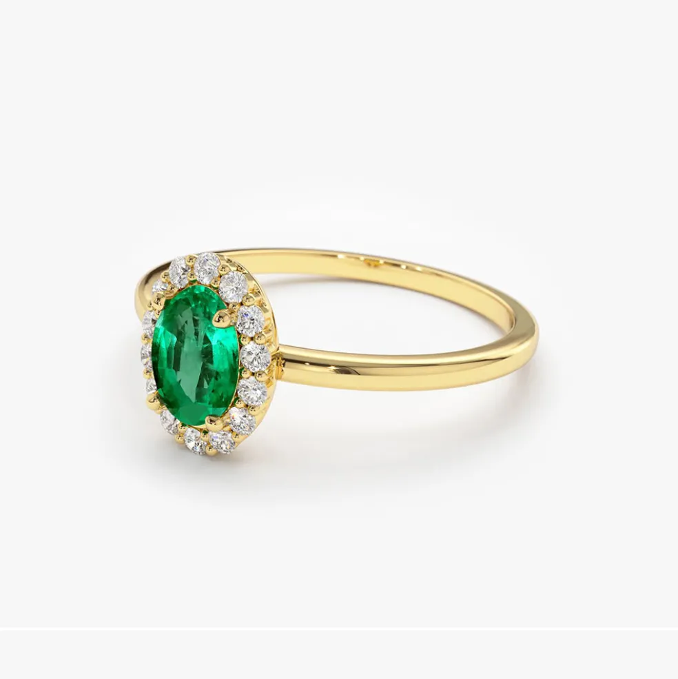14K Gold Oval Cut Emerald Halo Diamond Ring