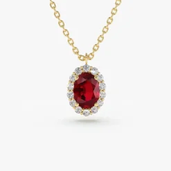 14K Gold Oval Cut Ruby Halo Diamond Necklace
