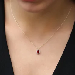 14K Gold Oval Cut Ruby Halo Diamond Necklace