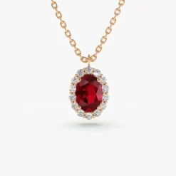 14K Gold Oval Cut Ruby Halo Diamond Necklace