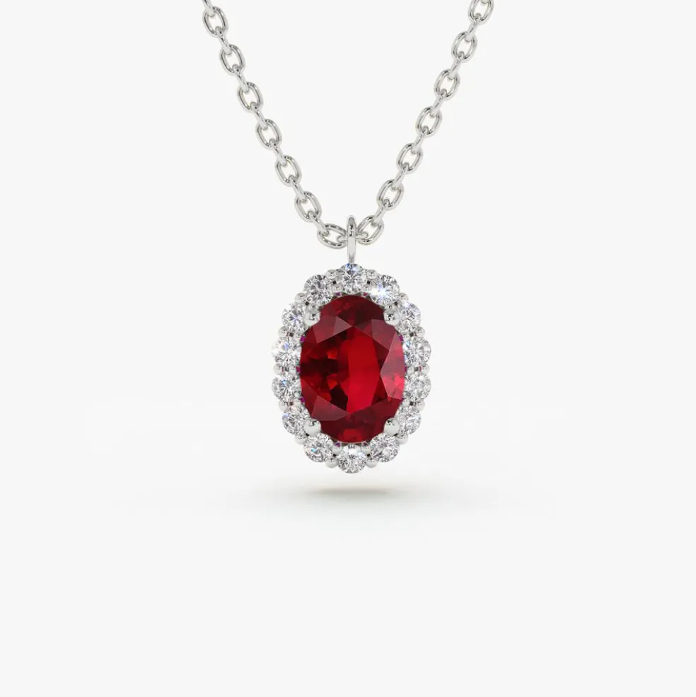 14K Gold Oval Cut Ruby Halo Diamond Necklace