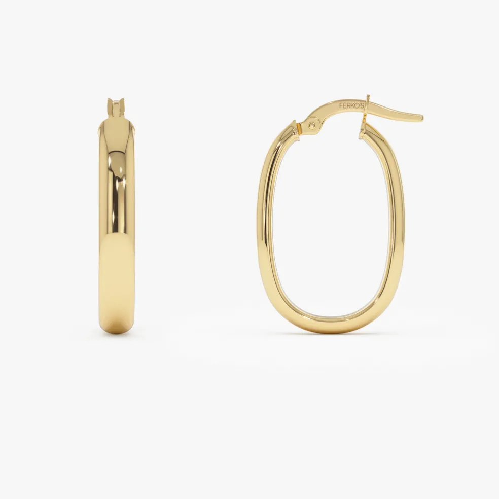 14K Gold Oval Dome Hoop Earrings