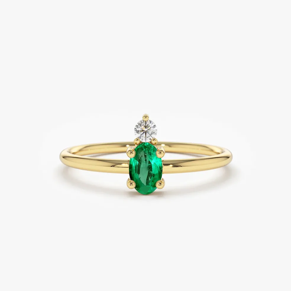14K Gold Oval Emerald and Diamond Ring