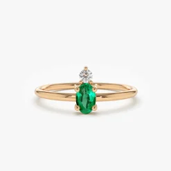 14K Gold Oval Emerald and Diamond Ring