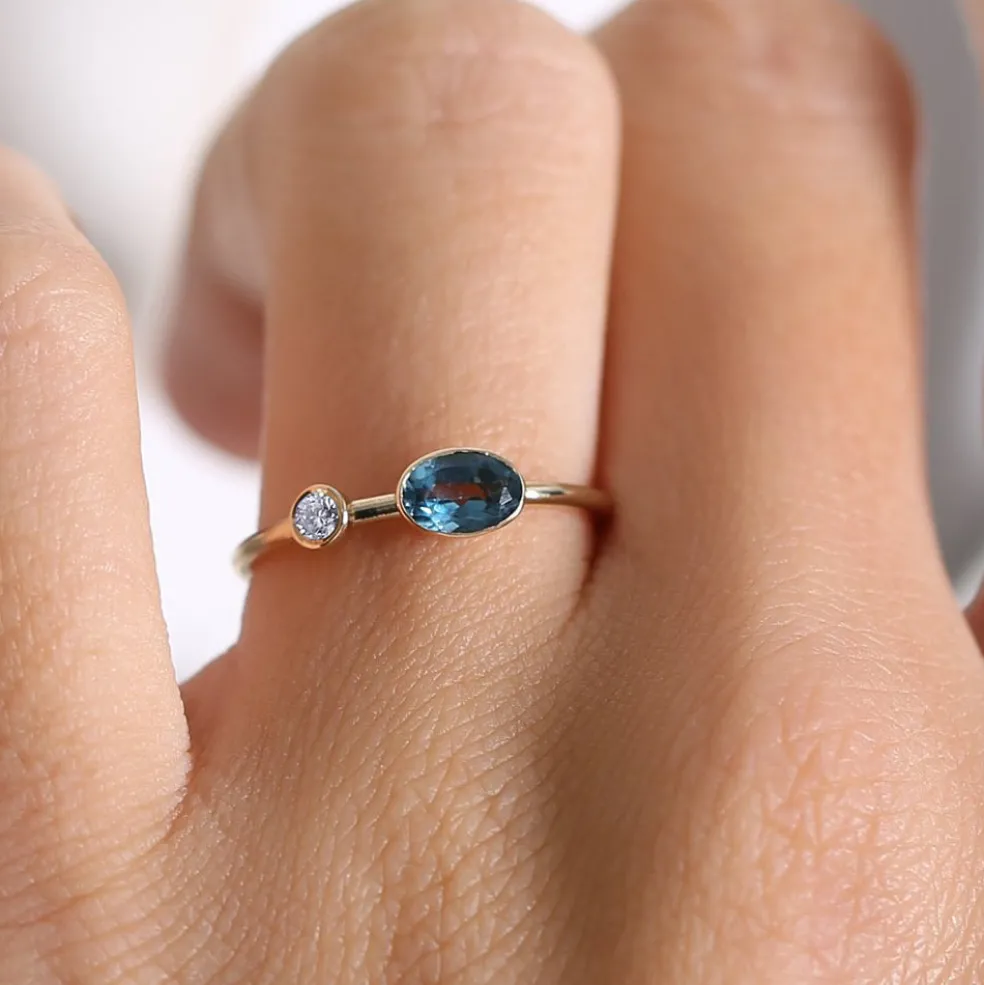 14k Gold Oval London Blue Topaz and Diamond Ring