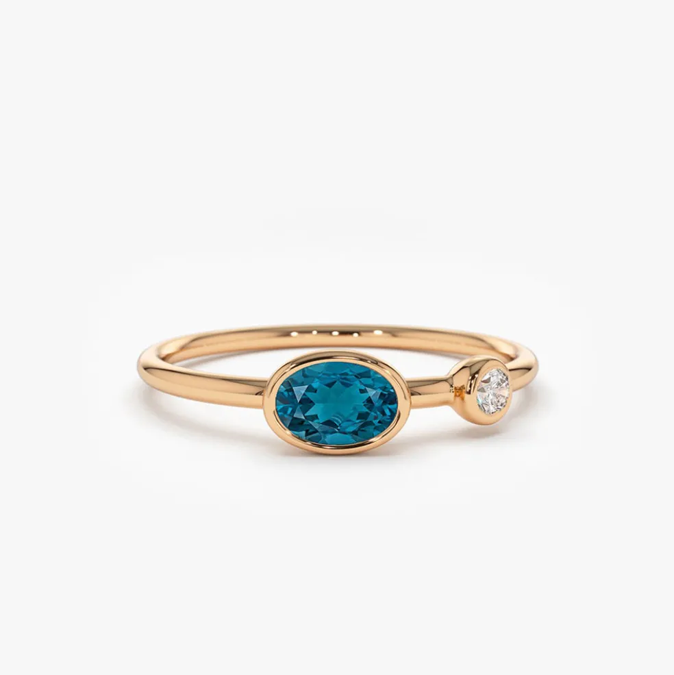 14k Gold Oval London Blue Topaz and Diamond Ring