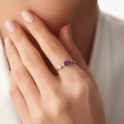 14K Gold Oval Shape Amethyst and Diamond Ring