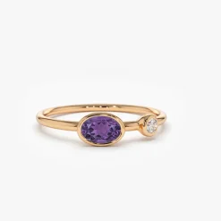 14K Gold Oval Shape Amethyst and Diamond Ring