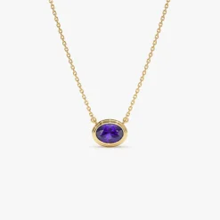 14K Gold Oval Shape Bezel Set Amethyst Necklace