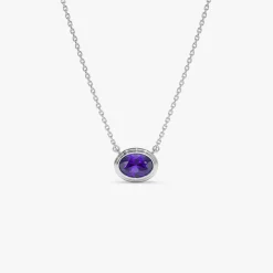 14K Gold Oval Shape Bezel Set Amethyst Necklace