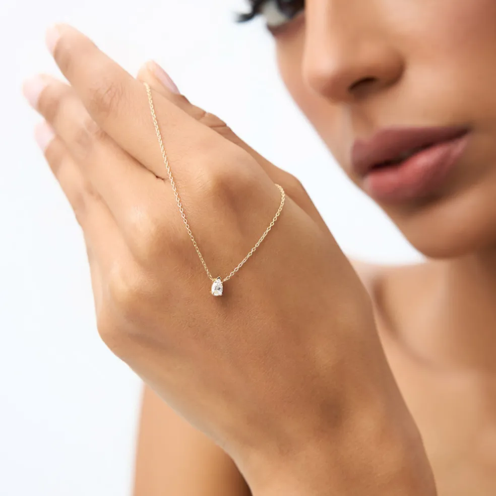 14K Gold Pear Shape Diamond Solitaire Necklace