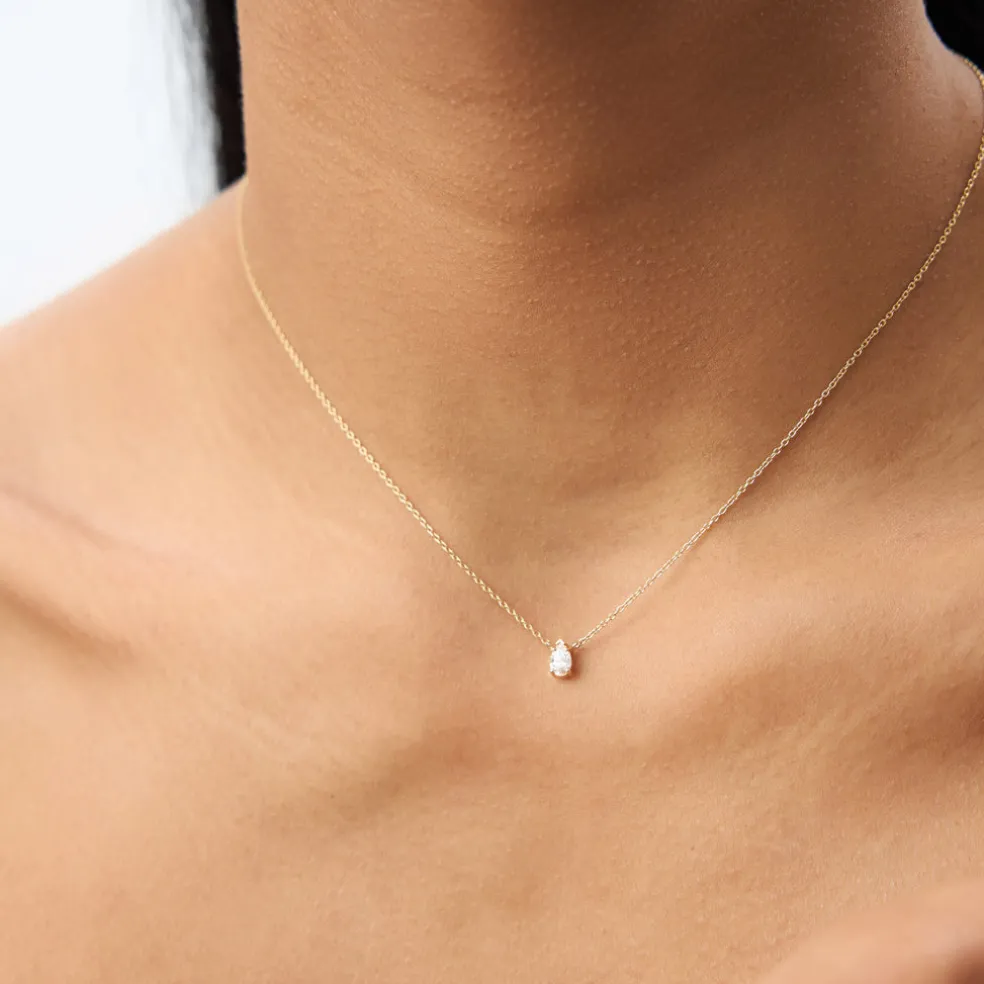 14K Gold Pear Shape Diamond Solitaire Necklace