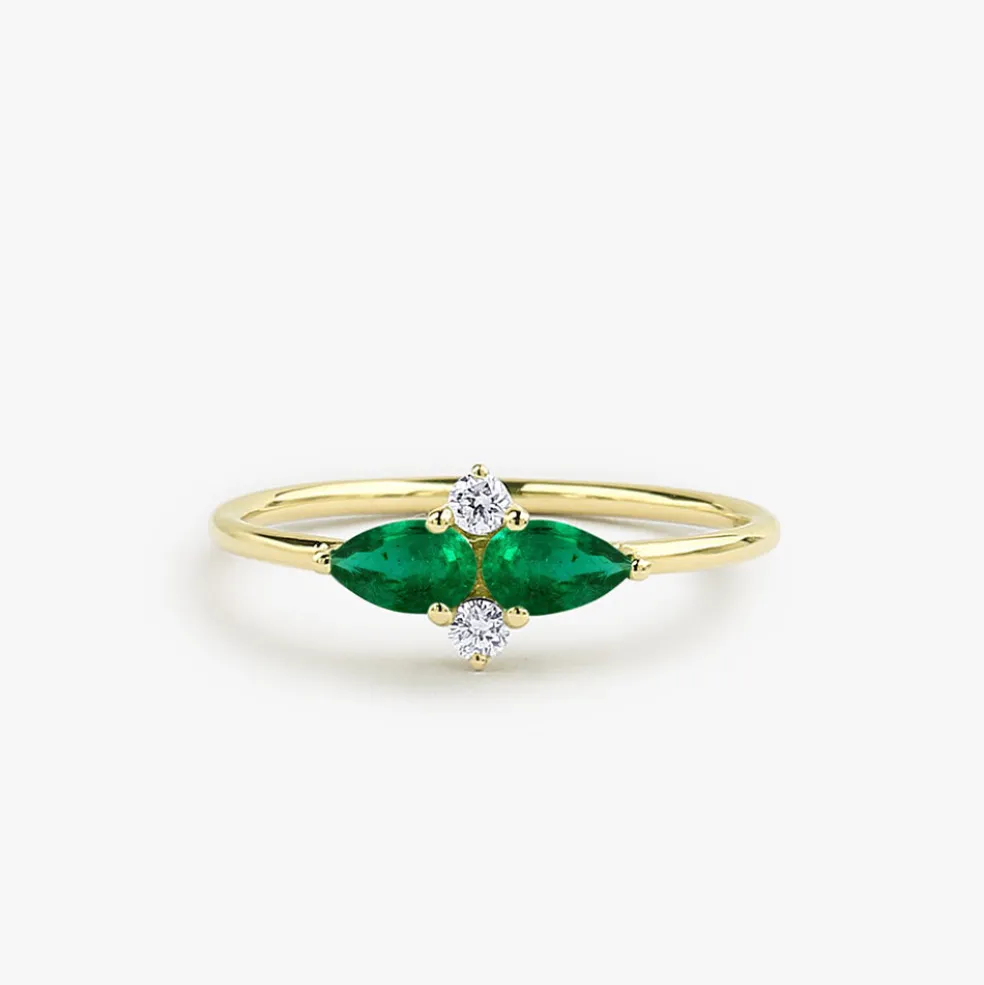 14K Gold Pear Shape Emerald and Diamond Cluster Ring