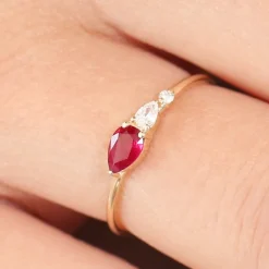 14K Gold Pear Shape Natural Ruby with Pear Shape Diamond Ring