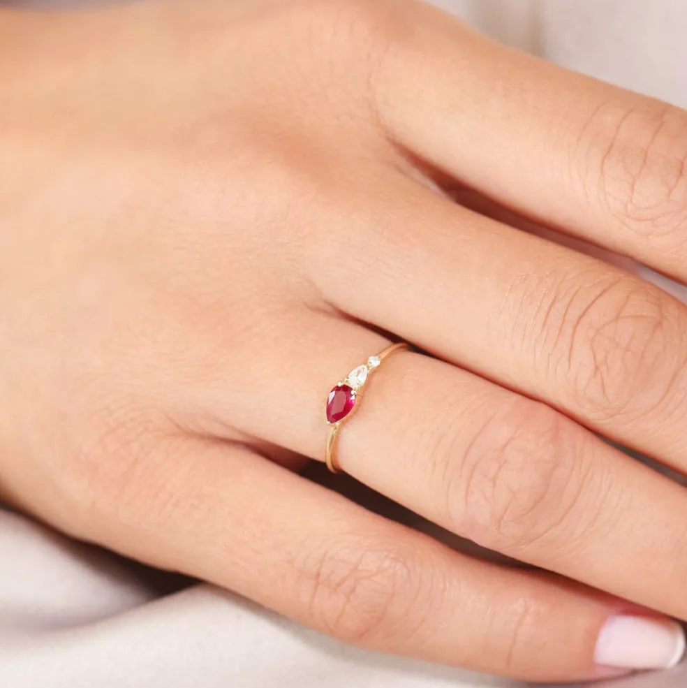 14K Gold Pear Shape Natural Ruby with Pear Shape Diamond Ring