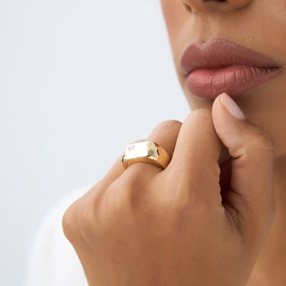 14K Gold Rectangular Diamond Signet Ring