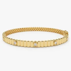 14k Gold Ribbed Diamond Bangle Bracelet